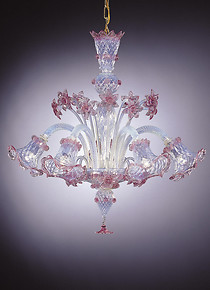 Lustre opale et décoration rose à six lumières