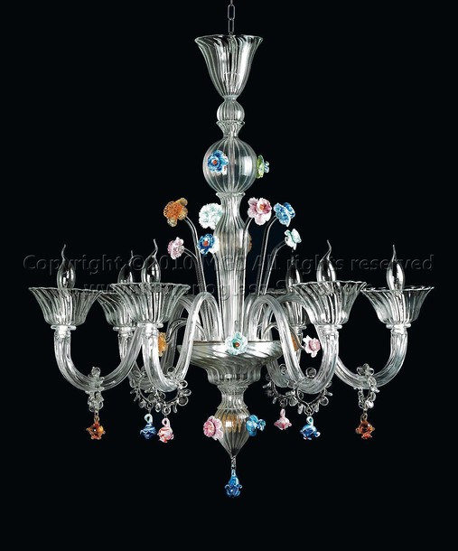 Ponti Chandelier, Lustre en cristal avec des détails en pâtes colorées à cinq lumières